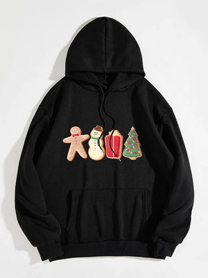 Black hoodie with festive cookie graphic featuring gingerbread man, snowman, gift, and Christmas tree.