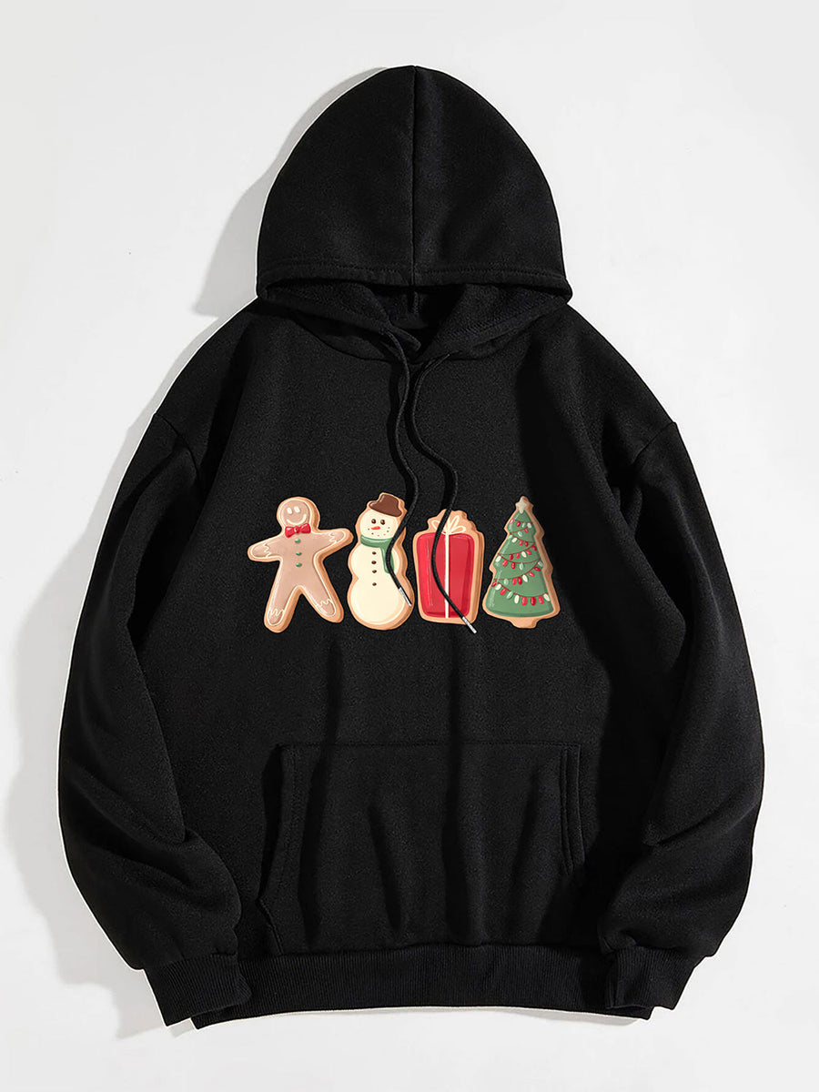 Black hoodie with festive cookie graphic featuring gingerbread man, snowman, gift, and Christmas tree.