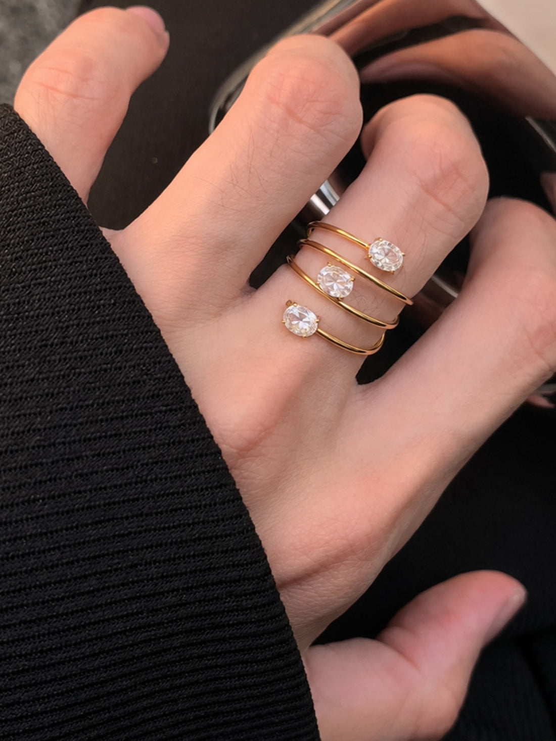 Triple-Layer Oval Open 18K Gold-Plated Ring in gold with triple-layer