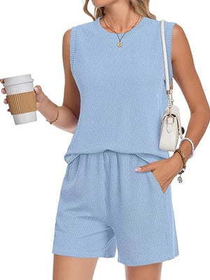 Air Force Blue ribbed knit set with sleeveless top and pocketed shorts.
