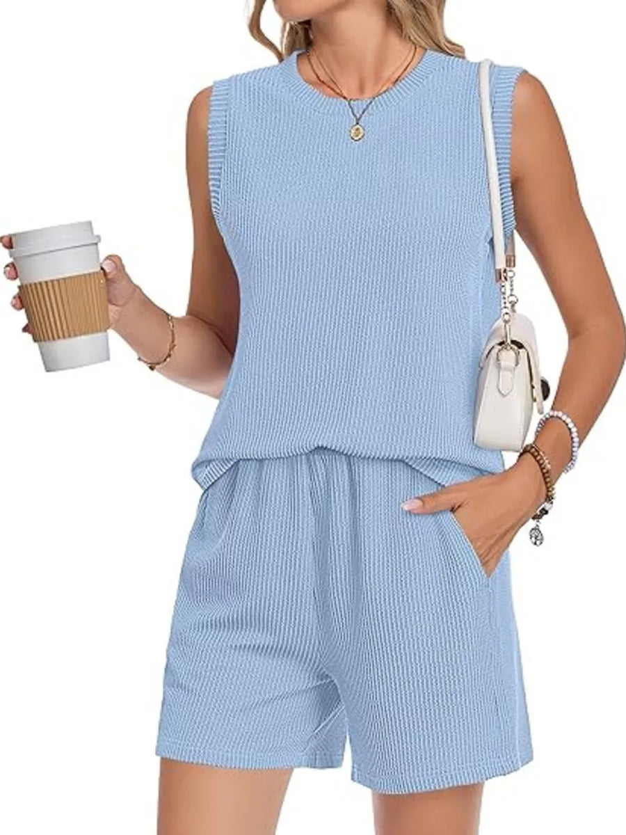 Air Force Blue ribbed knit set with sleeveless top and pocketed shorts.