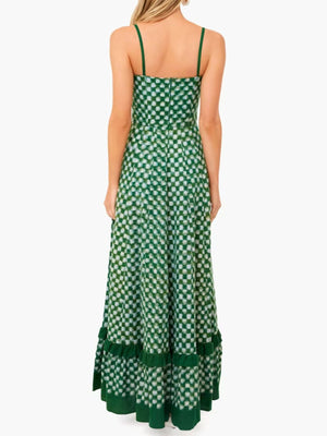 Green checkered maxi dress with spaghetti straps and ruffled hem