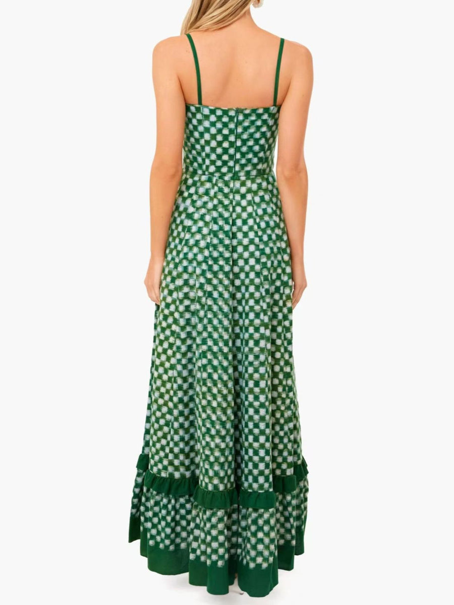 Green checkered maxi dress with spaghetti straps and ruffled hem
