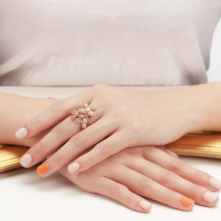 18K Gold-Plated, Copper, Rhinestone, Zircon Care instructions: Avoid wearing dur ring in Gold with cluster silhouette