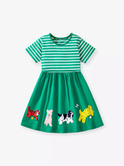 Green cotton dress with white stripes and animal appliques for toddlers.