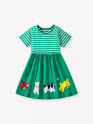 Green cotton dress with white stripes and animal appliques for toddlers.