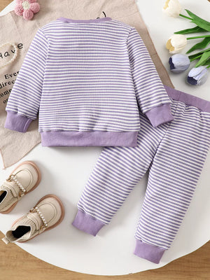 pajama set in white with striped and chenille patch