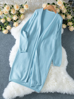 classic cardigan in Pastel Blue with open-front
