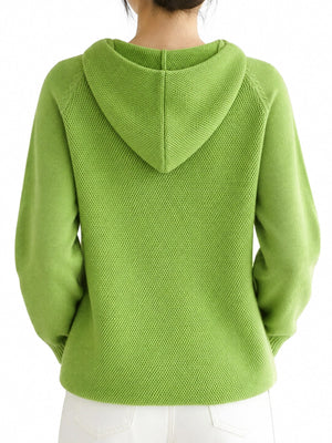 Drawstring Long Sleeve Hooded Knit Sweater in White with drawstring