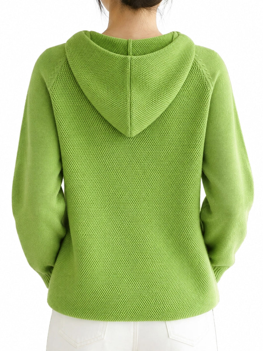 Drawstring Long Sleeve Hooded Knit Sweater in White with drawstring