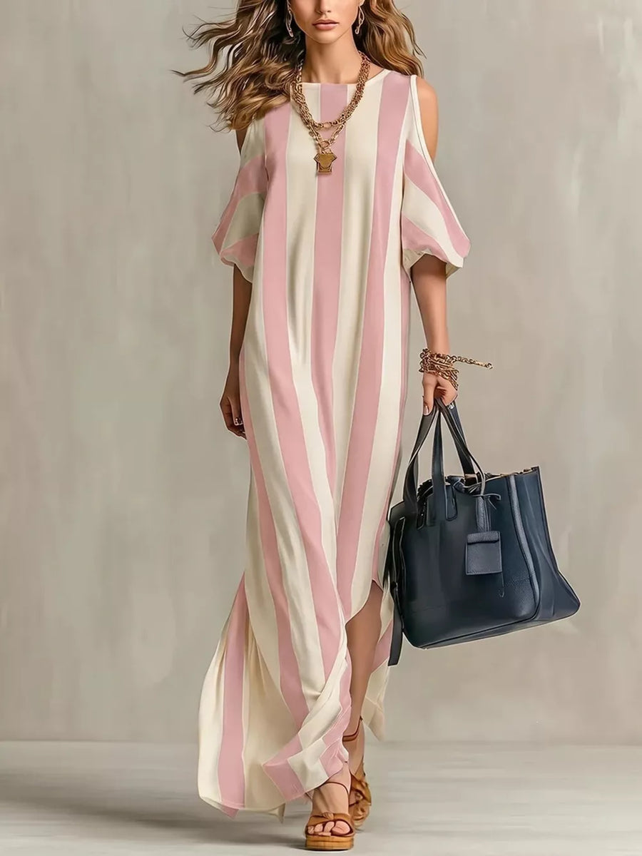 Striped Cold Shoulder Maxi Dress in Dark Blue