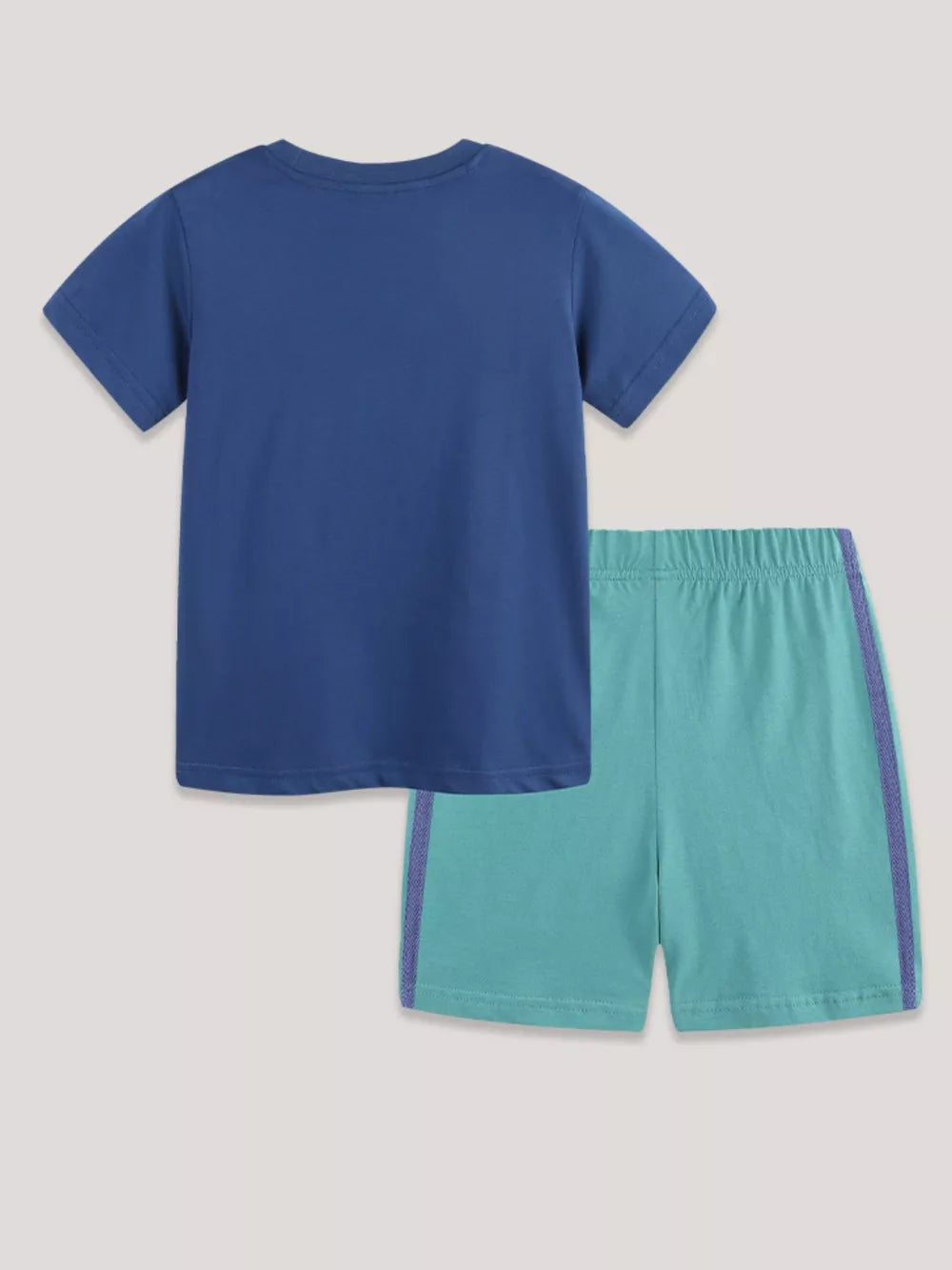 Blue cotton t-shirt and teal shorts with purple trim for baby boys.