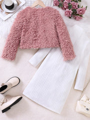 Dusty pink faux fur jacket and white ribbed dress set for baby girls.