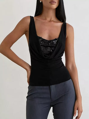 Black sequin ruched cowl neck tank top with a draped neckline.