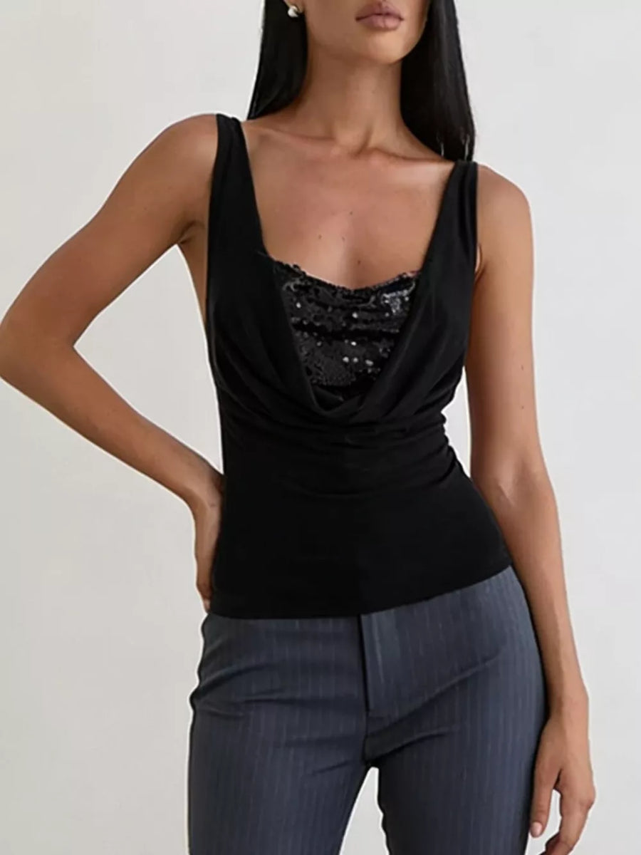 Black sequin ruched cowl neck tank top with a draped neckline.