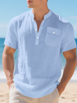 Light blue cotton band collar short sleeve shirt with chest pocket
