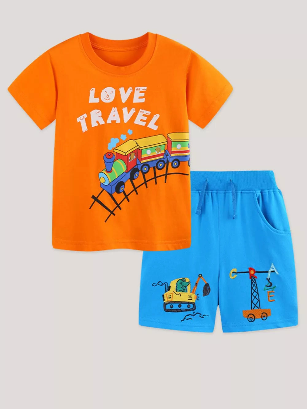Orange cotton toddler t-shirt with train graphic and blue shorts with construction vehicle graphics.