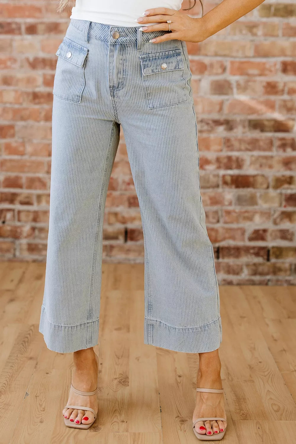 Light Blue Striped Wide-leg Cropped Jeans