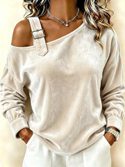 Burgundy one-shoulder top with hip-length and pullover