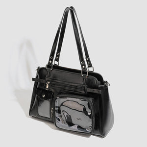 PU Leather Imported Size &amp handbag in Black with boxy silhouette