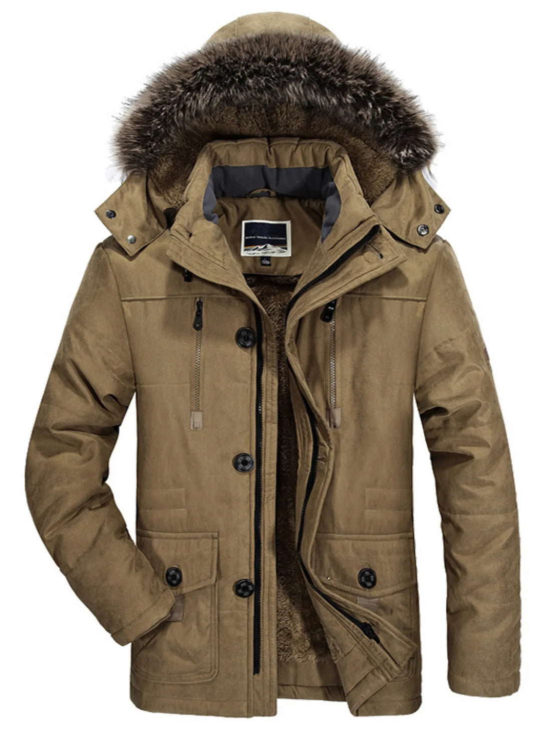 Khaki faux fur hooded parka with button and zipper closure, fur lining visible.