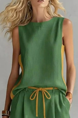 Green tank top and shorts set with yellow contrast trim and drawstring waist.