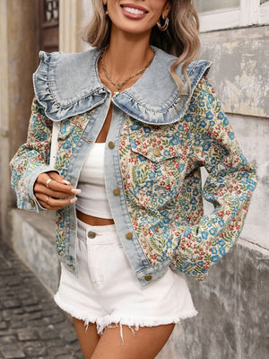 light blue denim jacket with floral and collared