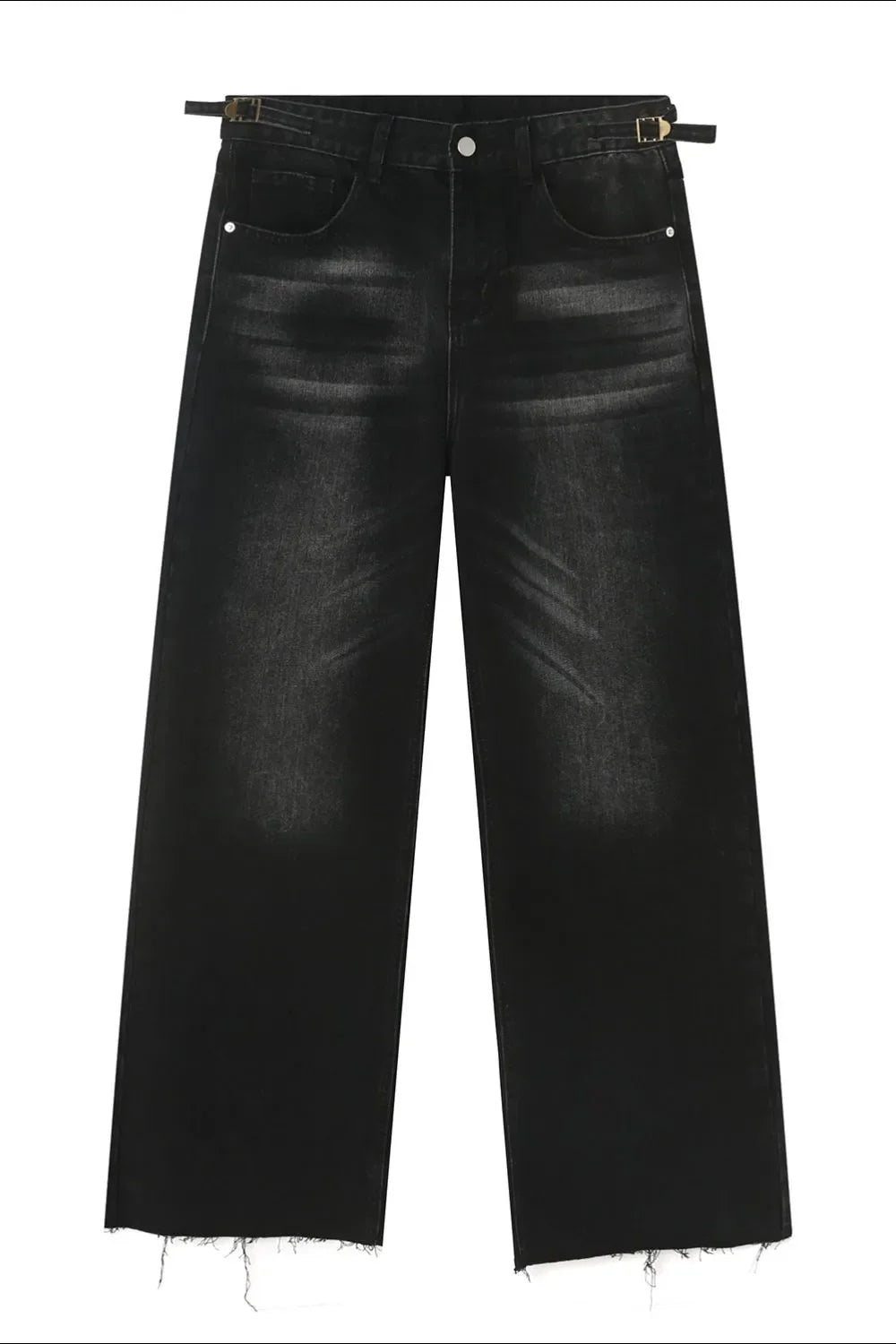 Faded wash wide leg jeans in dark denim with adjustable buckle detail and raw hem.