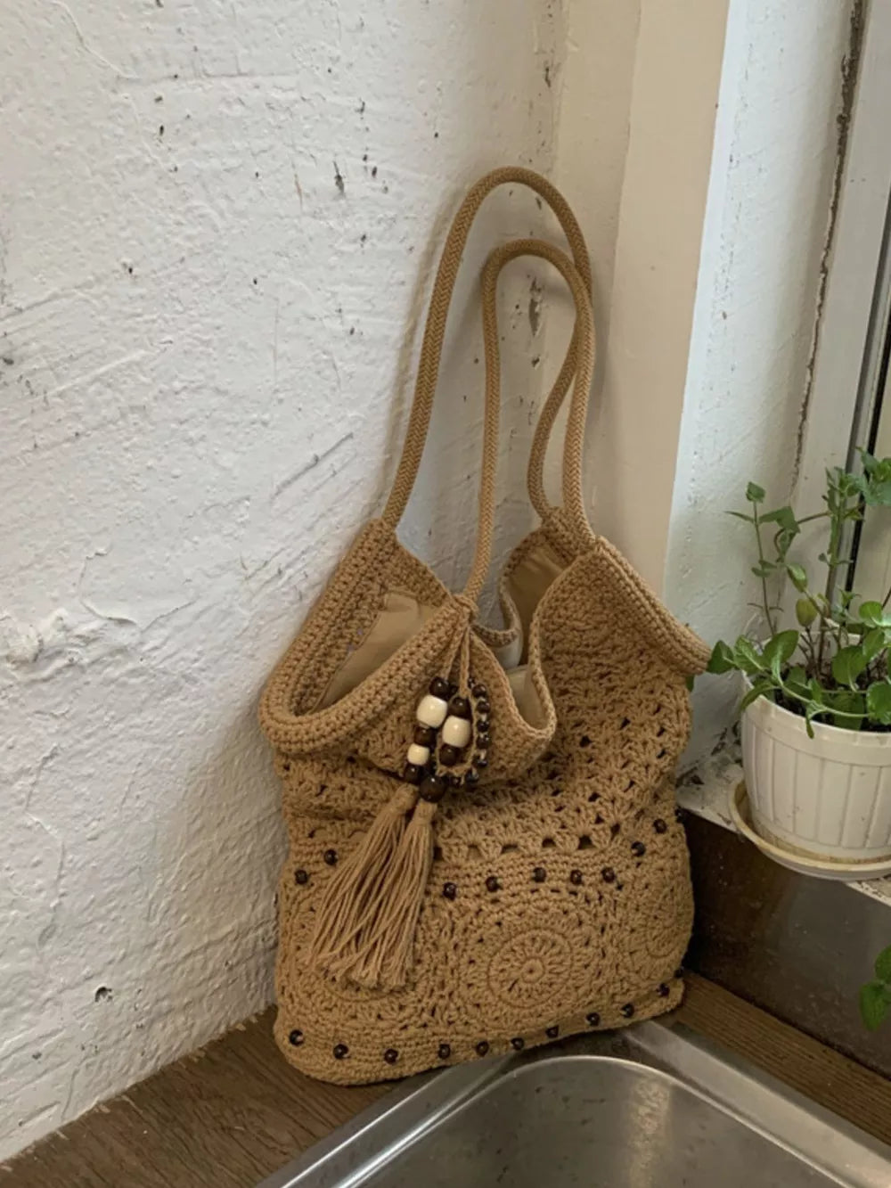 Brown Knit Crochet Handbag