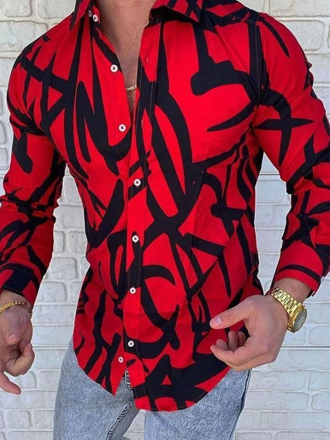 Red abstract scribble print slim-fit men's shirt with button-down collar.