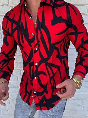 Red abstract scribble print slim-fit men's shirt with button-down collar.