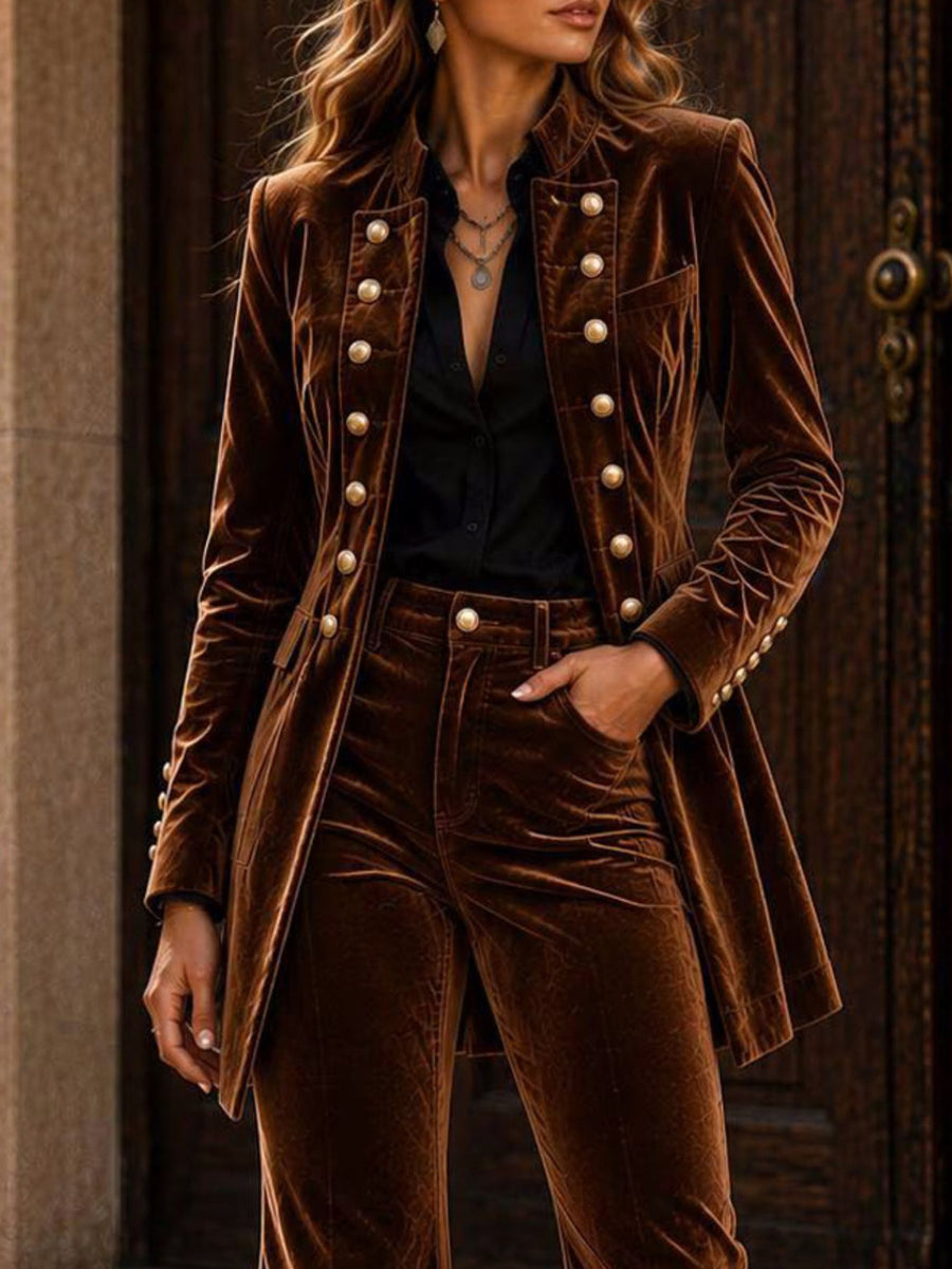 Purple suit set with hip-length and button-front