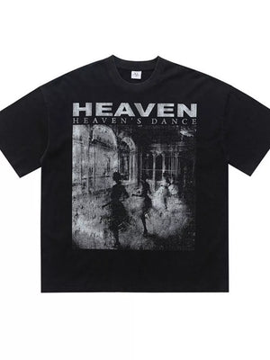 Black cotton blend oversized graphic tee with crew neck and "HEAVEN'S DANCE" print.