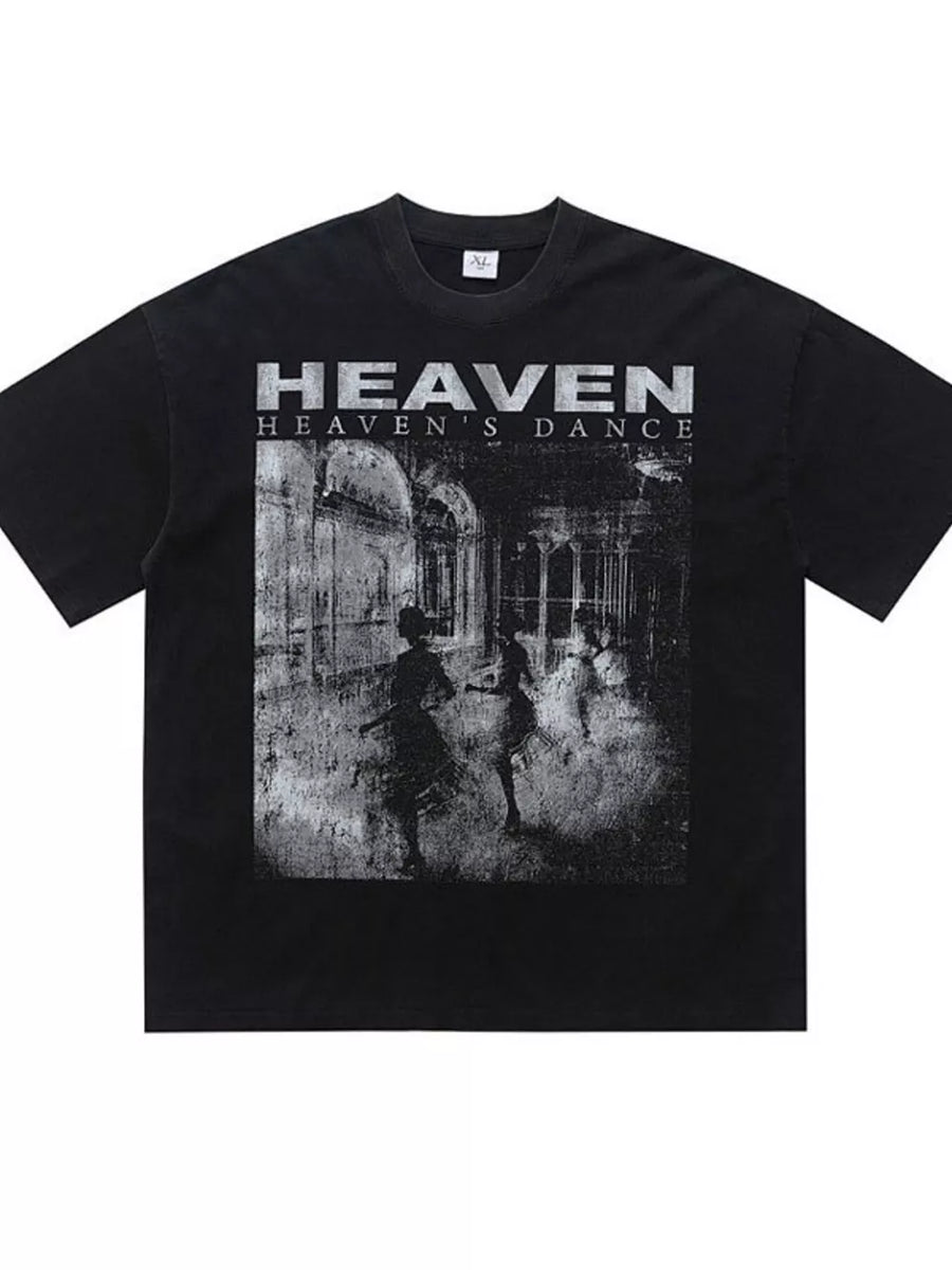 Black cotton blend oversized graphic tee with crew neck and "HEAVEN'S DANCE" print.