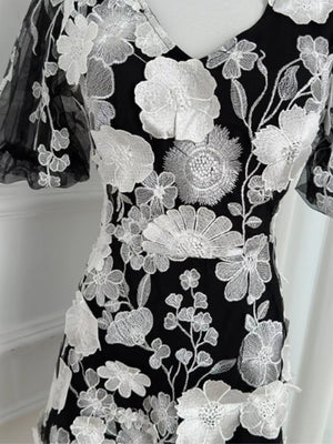 Black v-neck dress with white floral embroidery and sheer mesh sleeves.