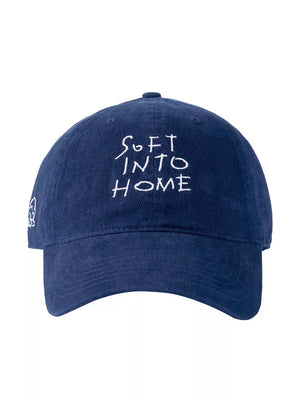 Navy blue cotton baseball cap with white embroidered text and small graphic detail.