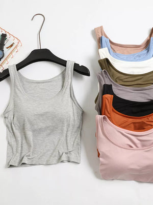 Heather gray modal tank top with scoop neck, shown with other colors stacked.