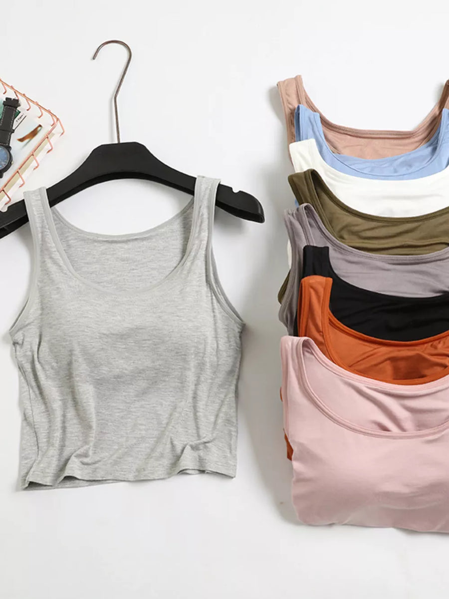 Heather gray modal tank top with scoop neck, shown with other colors stacked.