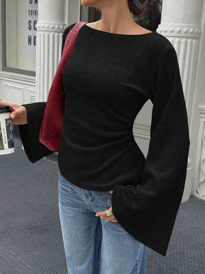 Ribbed Flare Sleeve Top With Ruched Detail in Brown