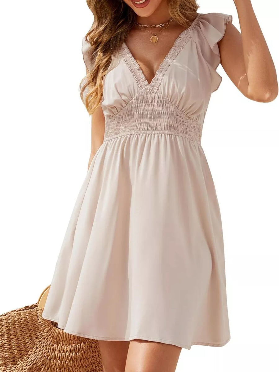 Apricot ruffled V-neck smocked mini dress with flutter sleeves.