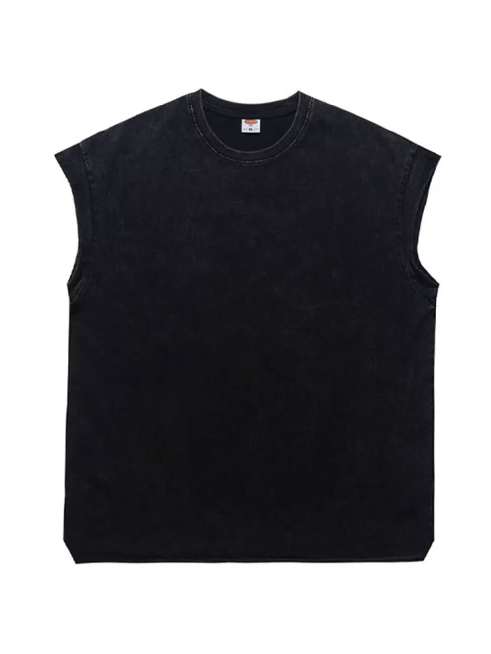 Black distressed relaxed fit men's tank top with crew neck and sleeveless cut.