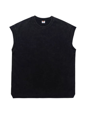 Black distressed relaxed fit men's tank top with crew neck and sleeveless cut.