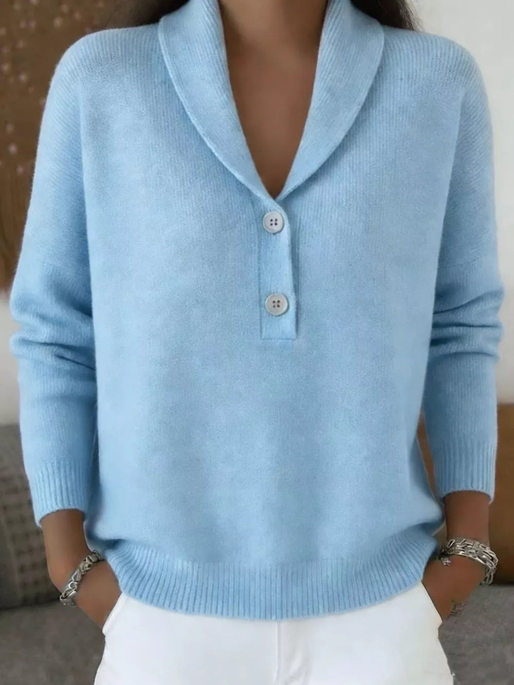 Navy Blue Button Detail Long Sleeve Sweater