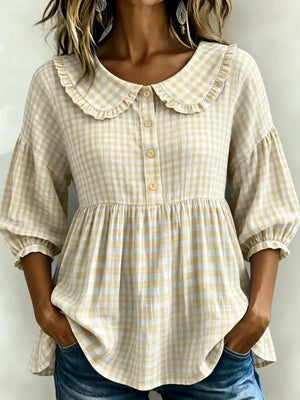 Sky Blue Full Size Gingham Peter Pan Collar Blouse Plus Size