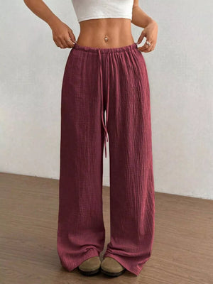 Black Wide-leg Drawstring Cotton Pants