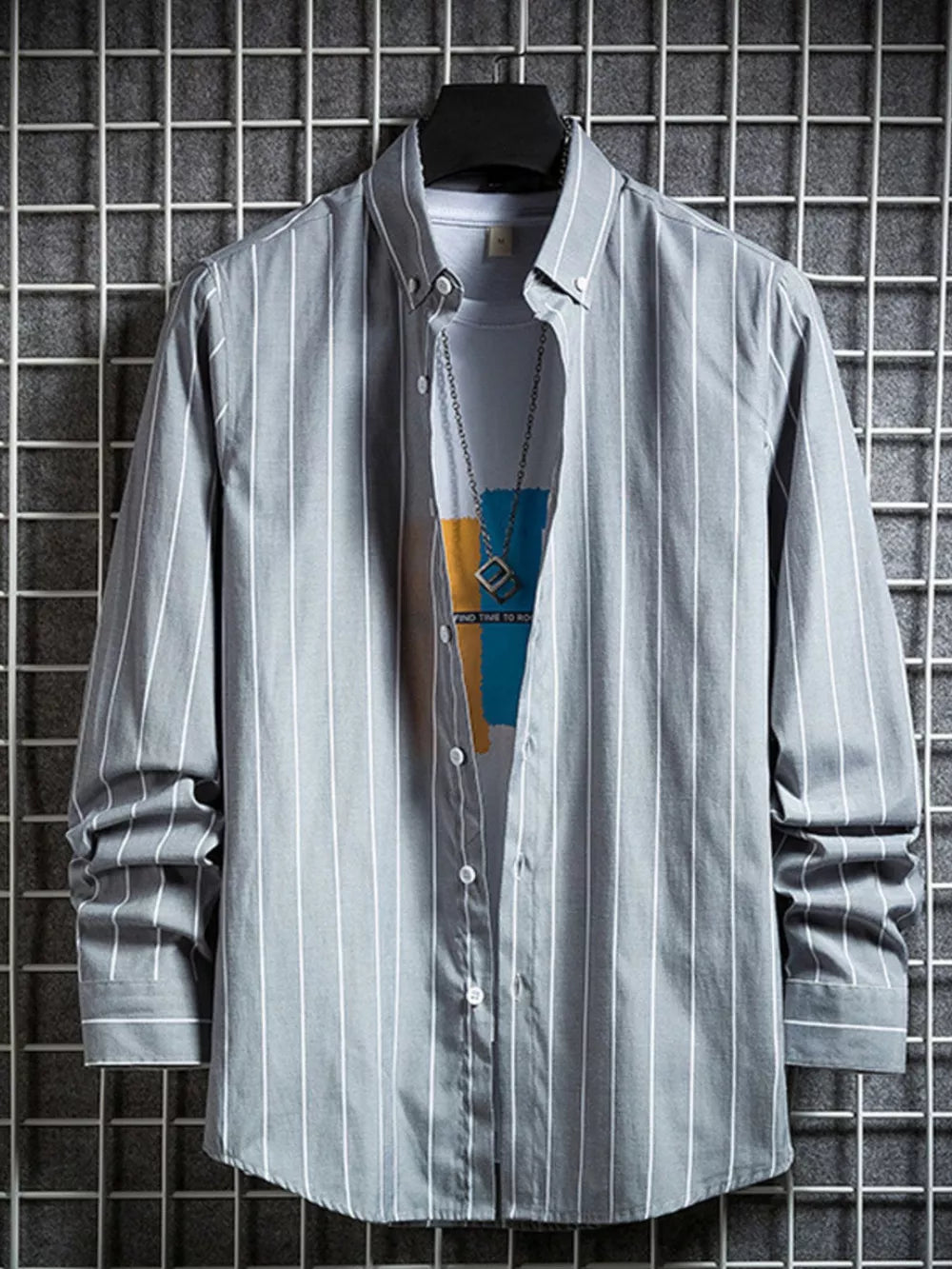 Grey striped long sleeve button-down shirt with a casual fit.