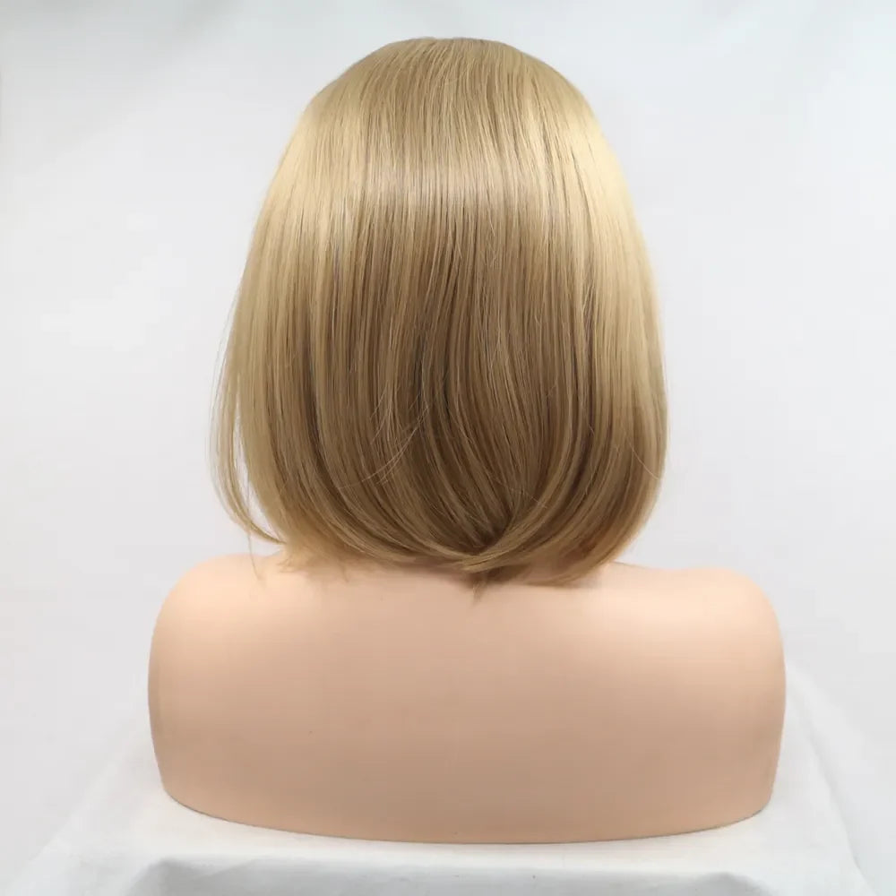 Blonde bob wig with a smooth, polished finish and a lace front, shown from the back.