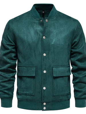 Deep Teal suede-effect bomber jacket with snap closure and two chest pockets.