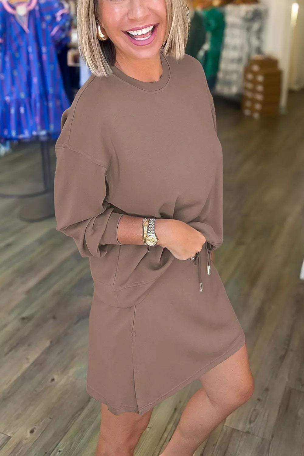 50% polyester, 45% viscose, 5% elastane Care instructions: Machine wash cold lounge set in Taupe with relaxed silhouette