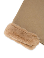 Tan cape coat with faux fur trim detail